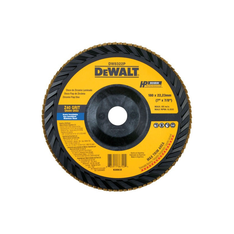 Dewalt Disco Flap Zirconio Base Fibra De 180mm Grano 40x10u Amarillo