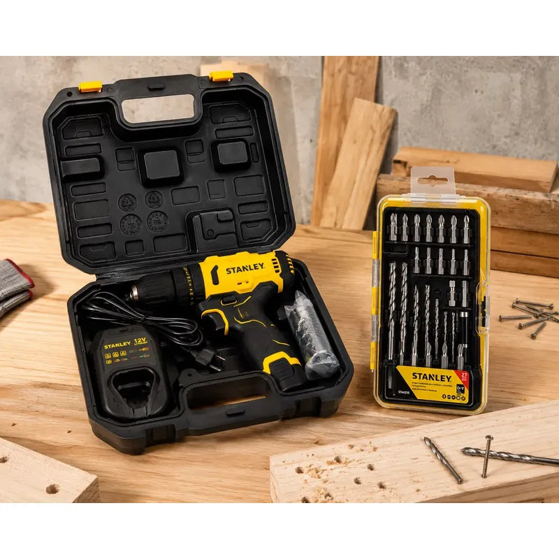 Taladro Percutor Atornillador Stanley + Accesorios + Maletin Amarillo 50