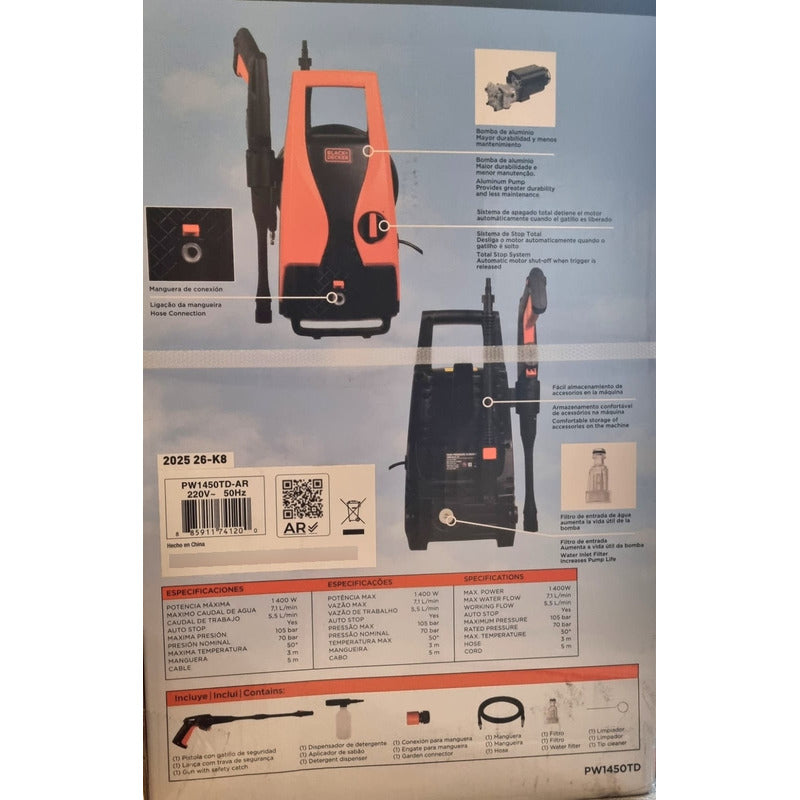Hidrolavadora Black + Decker 105 Bar 1400w Naranja/negro 50 Hz/60 Hz