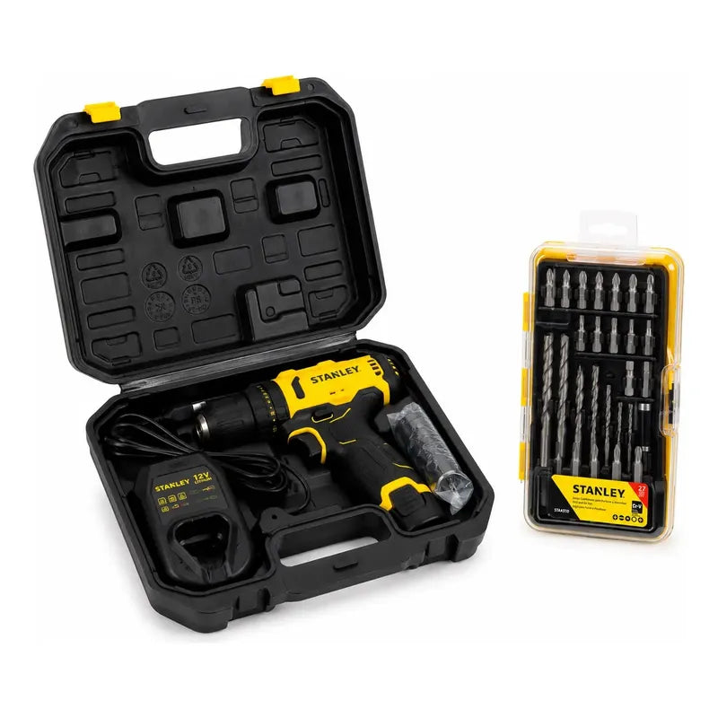 Taladro Percutor Atornillador Stanley + Accesorios + Maletin Amarillo 50