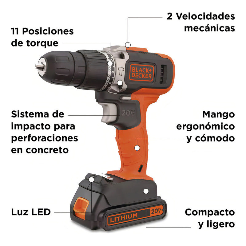 Taladro Percutor Atornillador Inalámbrico De 10mm Black+decker Bcd704c1 + 1 Batería De 1.5ah + Accesorio Con Caja De Cartón Naranja