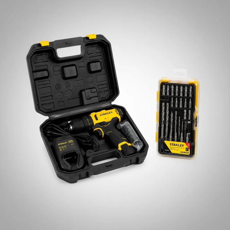 Taladro Percutor Atornillador Stanley + Accesorios + Maletin Amarillo 50