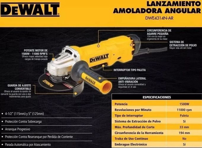 Amoladora Angular 125mm 1500w Dewalt Dwe4314n Dewalt Color Amarillo 50 Hz